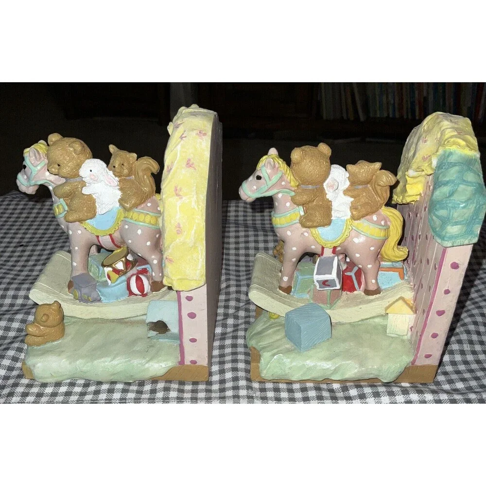 Ceramic Rockinghorse Teddy Bear, Rabbit, Squirrel, Bookends Vintage Adorable